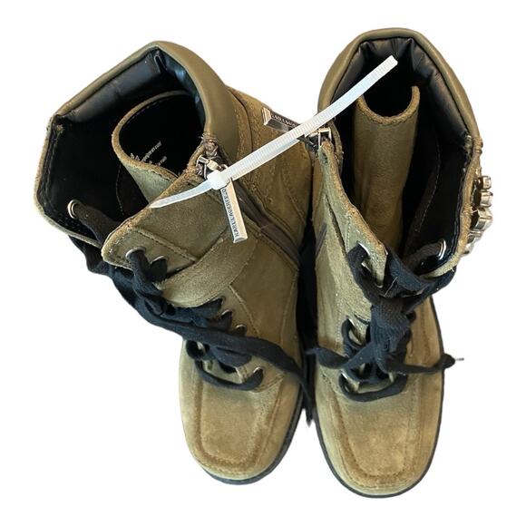 KARL LAGERFELD Dottie Faux Pearl Suede Heeled Ankle Boots Olive Green Size 6M - Picture 7 of 9